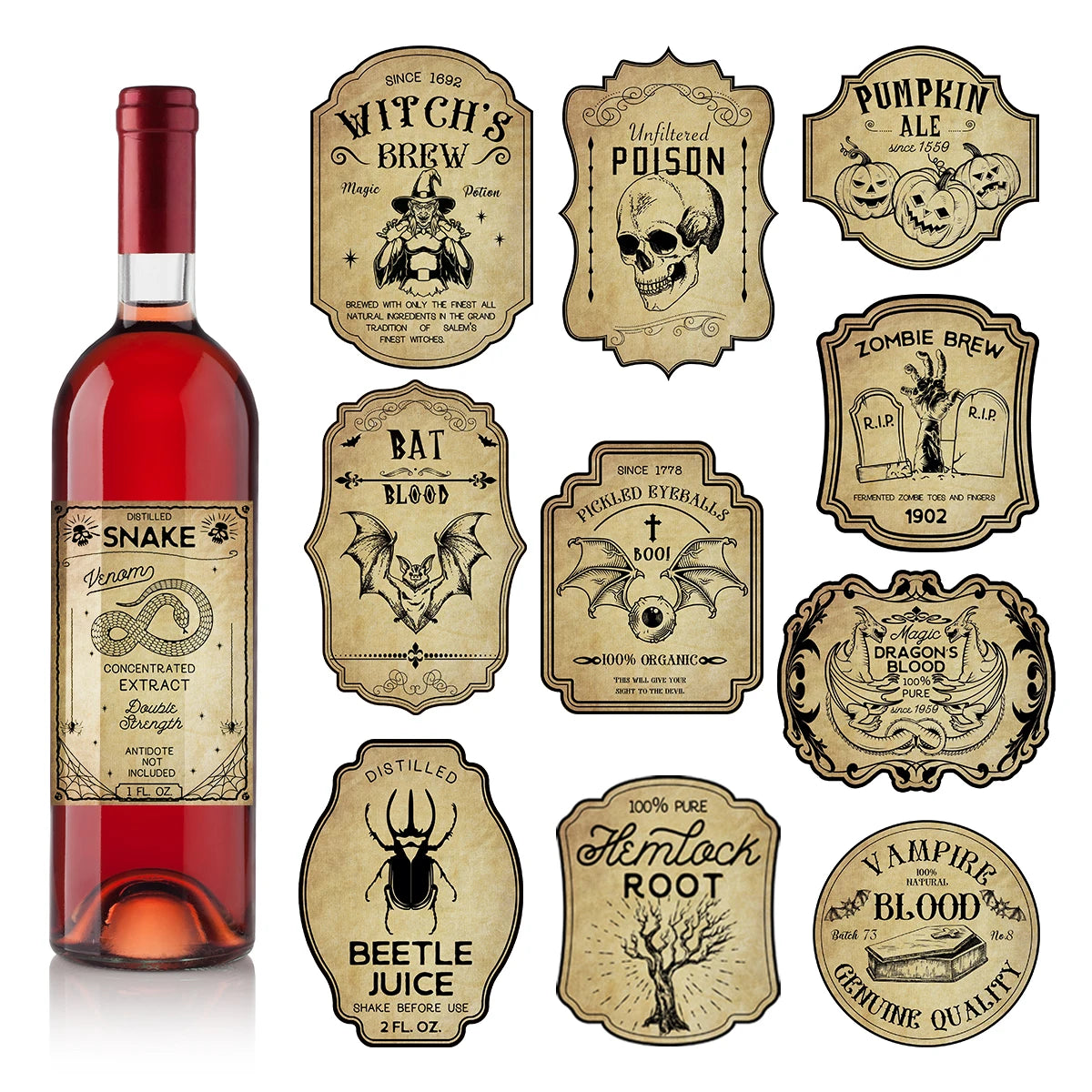 Retro Horror Gothic Wine Bottle Labels